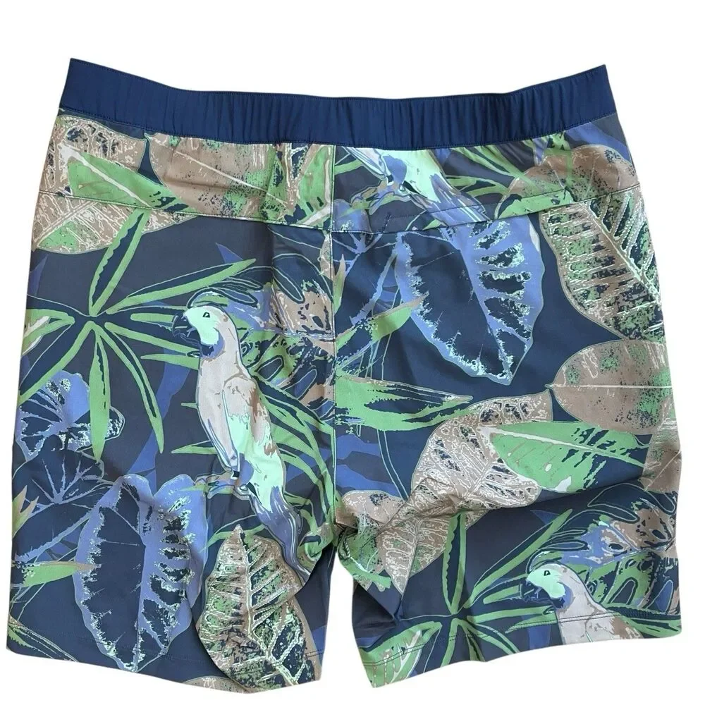 Rhone Trunks Mens M Blue Floral Barrier Swim Shorts Birds Parrot Tropical Lined‎